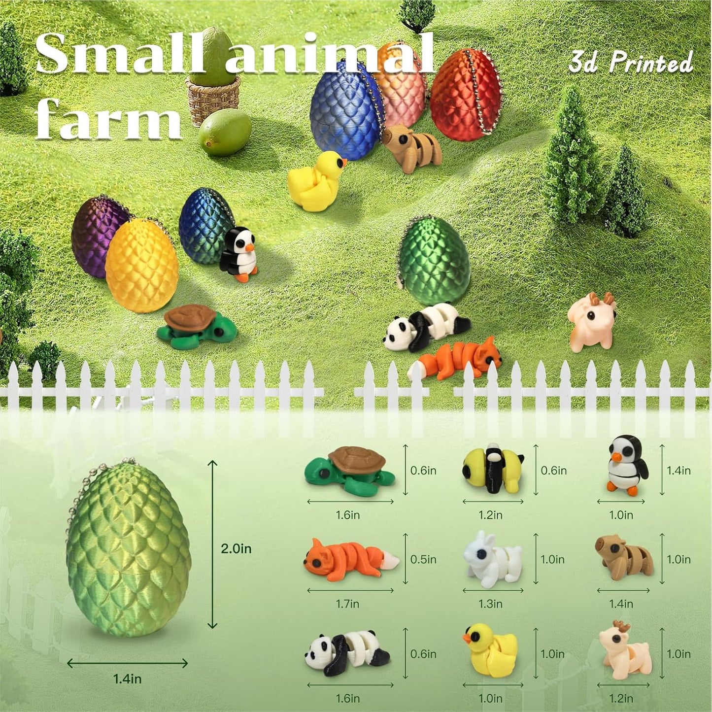 Mini 3D Printed Dragon Egg and 3D Printed Fidget Animals，Toy Fidget Bulk，Animal Miniature Figurines，Mini Egg Fillers，Teen Carnival Prizes（9pcs Set）