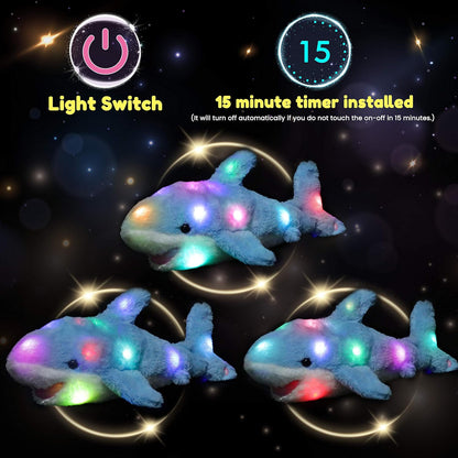 Hopearl LED Plush Shark Lighting Up Stuffed Animal Floppy Night Lights Glow in The Dark Birthday Festival for Kids Toddler Girls, Blue, 16''