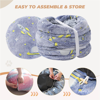 Large Cat Tunnels Bed Tube for Indoor Cats Glows in The Dark Cat Tunnel with Cushion and Plush Ball Toy Longer Playground Toys for Dog Puppy Kitten Rabbit Bunnies Ferret Pet Blue