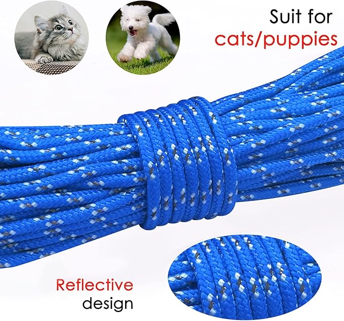 Rypet Reflective Cat Long Leash - 50 FT Escape Proof Walking Leads Yard Long Leash Durable Safe Personalized Extender Leash Traning Play Outdoor for Kitten, Puppy, Rabbit and Small Animals