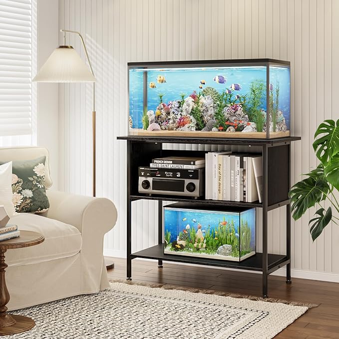 APPLOYN 40-50 Gallon Fish Tank Stand, Aquarium Stand with 3-Tier Storage Shelf, Heavy Duty Metal Frame for Turtle Reptile Terrarium Tank Stand, for Living Room, Office, 36.6" L x 18.9" W x 31.5" H, Black