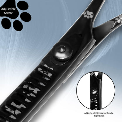 Professional Dog Grooming Chunker Shears/Scissors with Paw Prints for Dogs, Cats & Pets (Right Handed, Black, Stainless Steel 8 Inch)