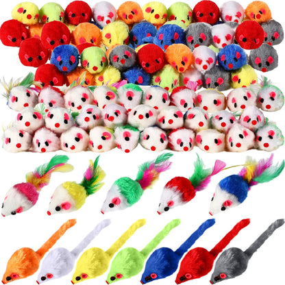 Syhood 120 Pcs Fur Mice Cat Toys Catnip Mouse Toys with Rattle Sound for Cats Mini Mice for Indoor Pets Kitten Interactive Play Assorted Color