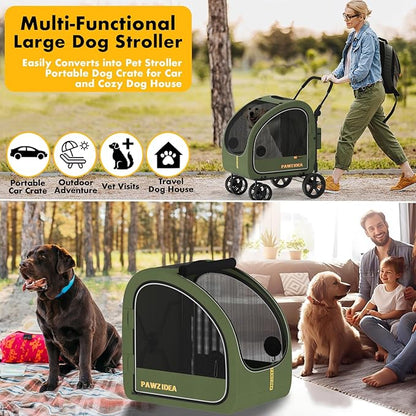 PAWZIDEA Large Dog Stroller with Detachable Carrier, Portable Dog Crate for Car Travel, Multiple Pet Strollers for Medium Dogs up to 80lbs, Adjustable Handle, All-Terrain 9” Wheels, Storage Organizer