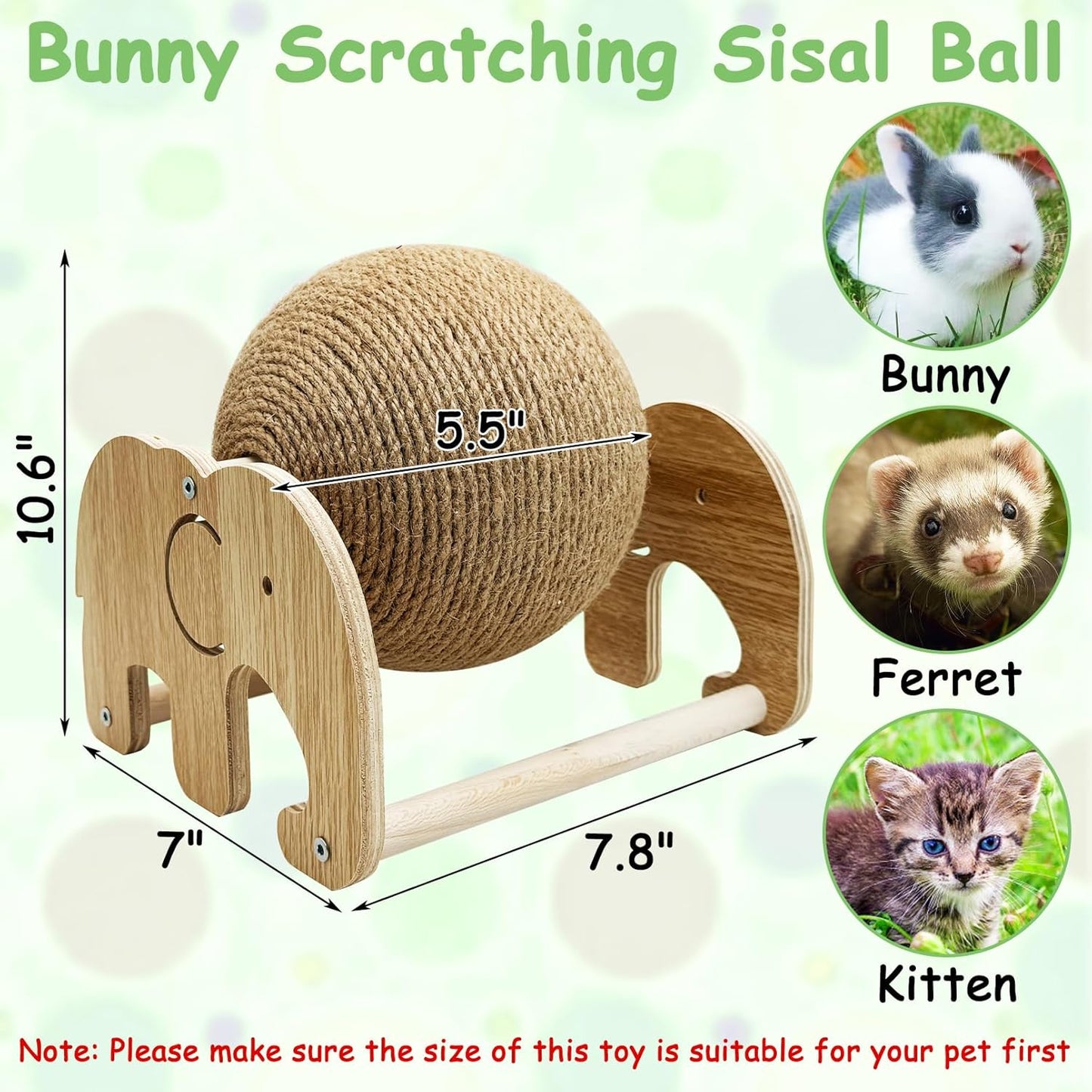 Fhiny Rabbit Scratch Toy, Natural Sisal Rabbit Scratching Ball Cute Sisal Rope Bunny Claw Scratcher Rotating Ball Interactive Toys Nail Scratching Post for Indoor Pets Kittens Ferrets Elephant Shape