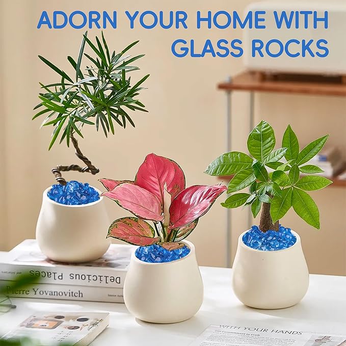 Meschett Colorful Glass Stones, 1 LB Fish Tank Gravel, Small Irregular Rainbow Aquarium Gravel for Aquarium Decorations and Turtle Tank, Sea Glass Beads Crystals for Fish Bowl, Vase Filler,Light Blue