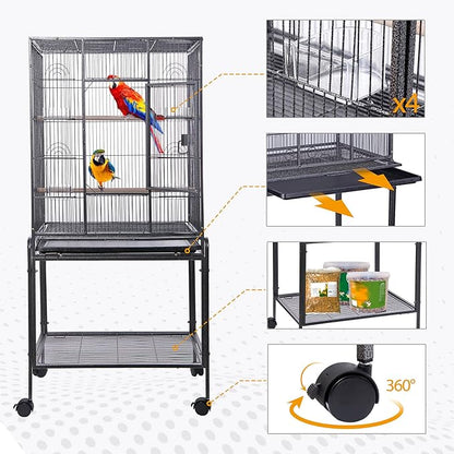 HSM 53 Inch Wrought Iron Large Bird Flight Cage with Rolling Stand for African Grey Parrot Cockatiel Sun Parakeet Conure Lovebird Canary