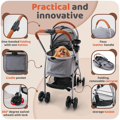 Pet Stroller for Small Medium Dogs & Cats – 2-in-1 Detachable Carrier, Zipperless Entry, Lightweight Folding Travel Stroller with Storage Basket, Cup Holder, Gray