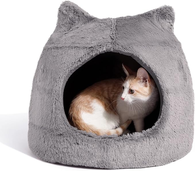 Best Friends by Sheri Meow Hut Fur Dome Pet Bed – Covered Cat Cave for Cats & Small Dogs up to 15 lbs, Faux Fur Hideaway with Water-Resistant Bottom, Machine Washable, Gray