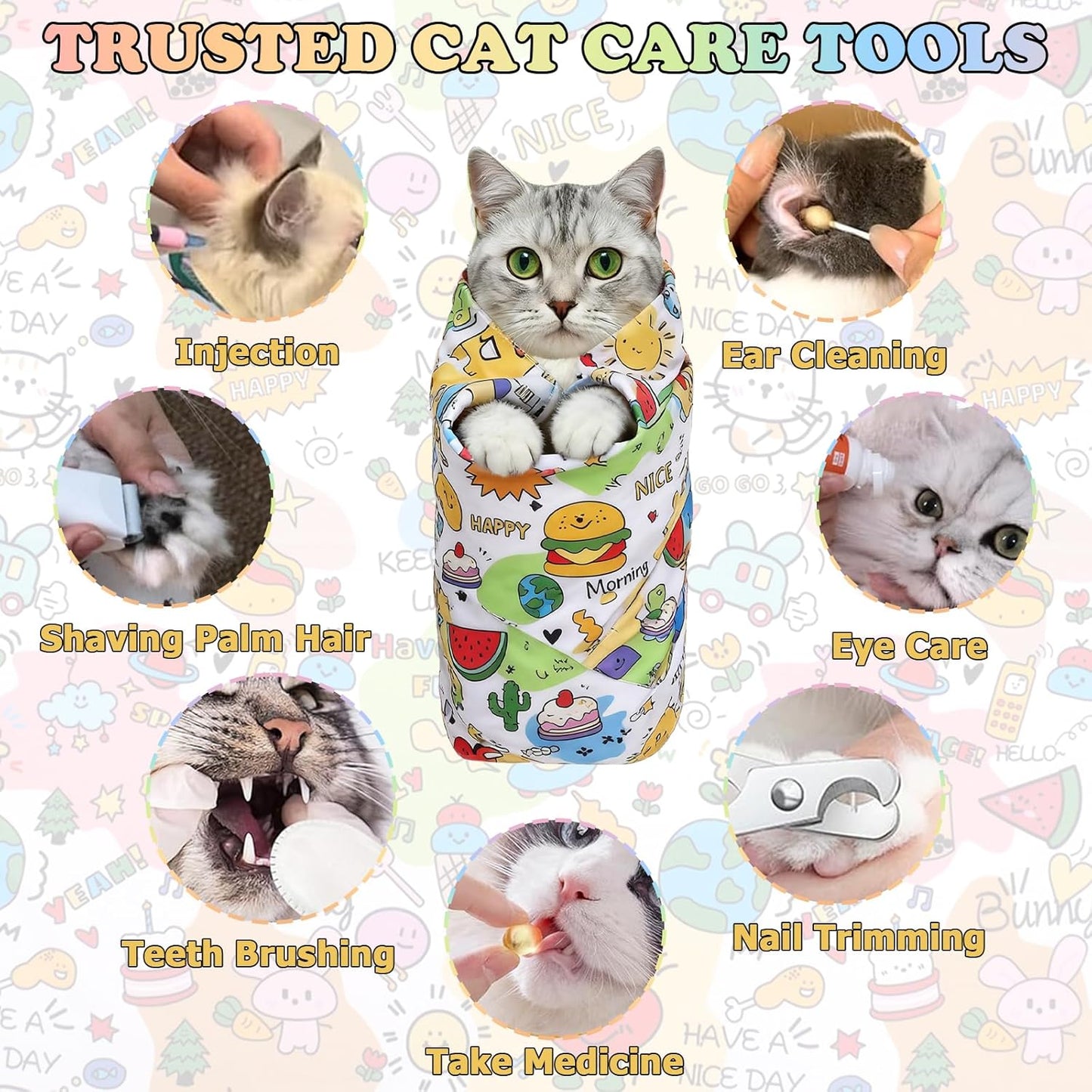 27.6" Cat Grooming Wrap for Nail Clipping Cat Swaddle Wrap (Within 15lbs) for Cutting Nails Cloth for Pet Cleaning Multifunctional Pet Tool|Utility Storage Bag|Self-Adhesive Travel Blanket