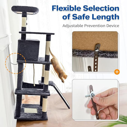 Cat Tree Tower 63in Multi-Level Cat Tower for Indoor Cats with Sisal Scratching Posts, Condo, Hammock, Dangling Ball and Extended Platform for Cats to Play, Beige