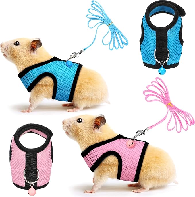 SATINIOR 2 Pieces Guinea Pig Clothes Baby Ferret Rats Hamster Soft Mesh Harness Leash Vest Set with Bell for Guinea Pigs, Hamster, Ferret, Rabbit, Chinchilla and Similar Small Animals(Blue, Pink,XS)