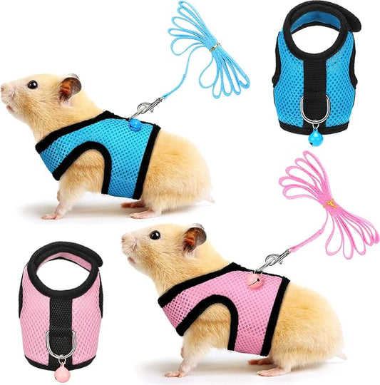 SATINIOR 2 Pieces Guinea Pig Clothes Baby Ferret Rats Hamster Soft Mesh Harness Leash Vest Set with Bell for Guinea Pigs, Hamster, Ferret, Rabbit, Chinchilla and Similar Small Animals(Pink, Blue, S)