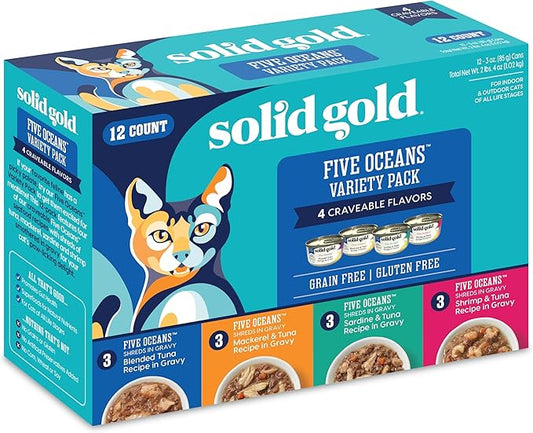 Solid Gold Wet Cat Food Variety Pack Shreds in Gravy - Healthy Canned Cat Food Made w/Real Tuna & Fish Protein & Vitamins - Grain Free & Gluten Free Canned Meals for Cats & Kittens - 12ct/3oz Can