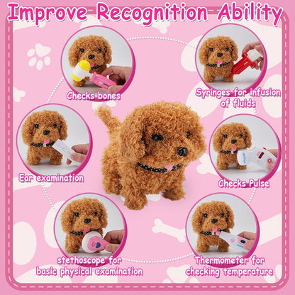 Toy Doctor Kit for Girls - TEUVO Pretend Play Doctor Set with Dog Toy, Carrying Bag, Stethoscope, Dress Up Costume - Toys Doctor Play Birthday Gift for Kids Toddlers 2 3 4 5 6 7 Year Old for Role Play