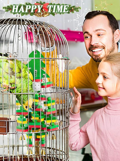 Christmas Large Bird Toy - Natural Wooden Parrots Toy with Colorful Edible Blocks for Macaws African Grey Amazon Parrots Cockatoos, Bird Chewing Toy for Gifts Playing(Green)