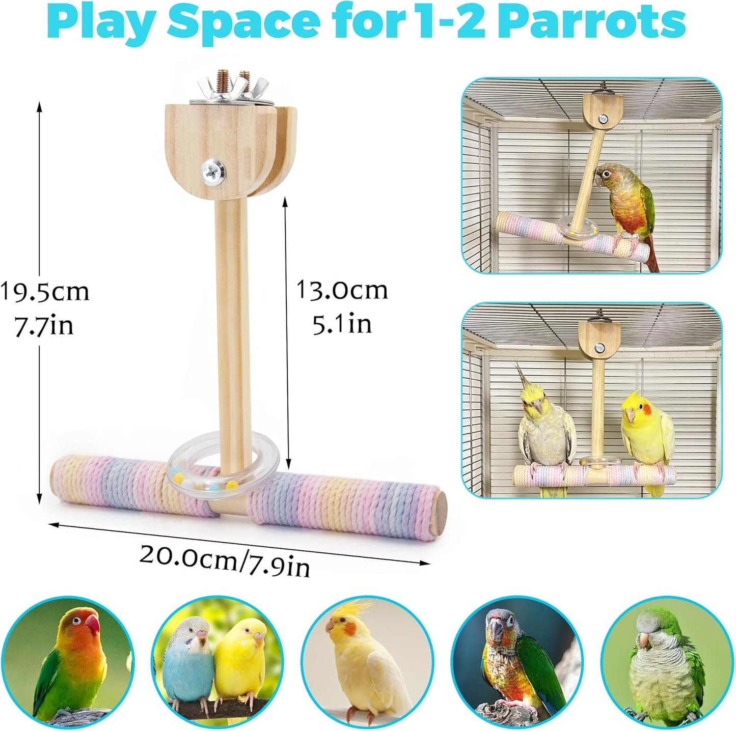 Bird Swing Toys with Rustling Sound, Colorful Cotton Rope Perch for Parrots' Soft Grip, Wooden Parakeet Swing Perch for Balance Training, Swaying Bird Cage Toys for Budgie Cockatiel Lovebird