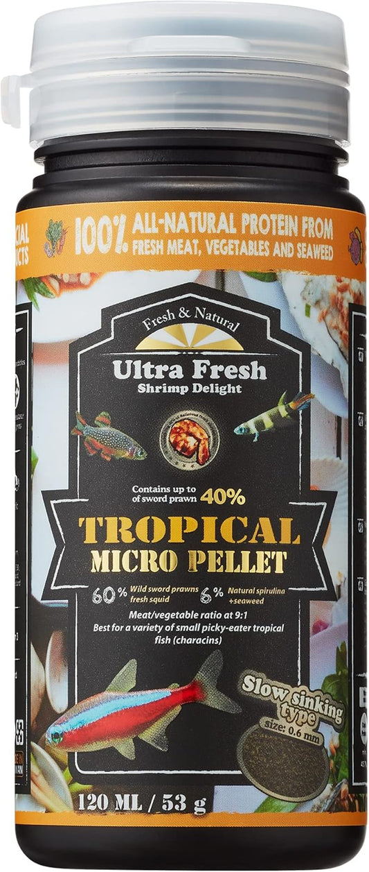 Ultra Fresh Tetra Fish Food, Slow Sinking, All Natural Ingredients, Wild Sword Prawns, Spirulina, Color Enhancement, Small Granules , Tropical Micro Pellet 1.87 oz
