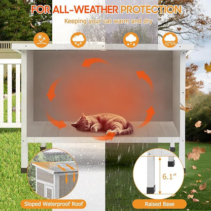 PetsCosset Insulated Cat House Outdoor Weatherproof Feral Cat Shelter for Winter, All-Round Foam Insulation Wooden Pet House for Small Animals with Escape Door,Openable Roof(34.5"L x 21.7"W x 25.6"H)