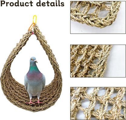 Bird Seagrass Mat 39.4×7" Natural Grass Woven Net Hammock Hanging on Parrot Cage with Hooks Parakeet Climbing Rope Ladder Chew Toys for Lovebird Cockatiel Conure Budgie Cockatoo Supplies
