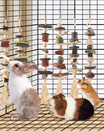 6PCS Bunny Chew Toys, Hamster Rabbit Cage Hanging Chew Toys, Natural Apple Wood Bunnies Treats, Improve Small Animal Teeth Health for Guinea Pig Chinchilla Ferret Rats Gerbil