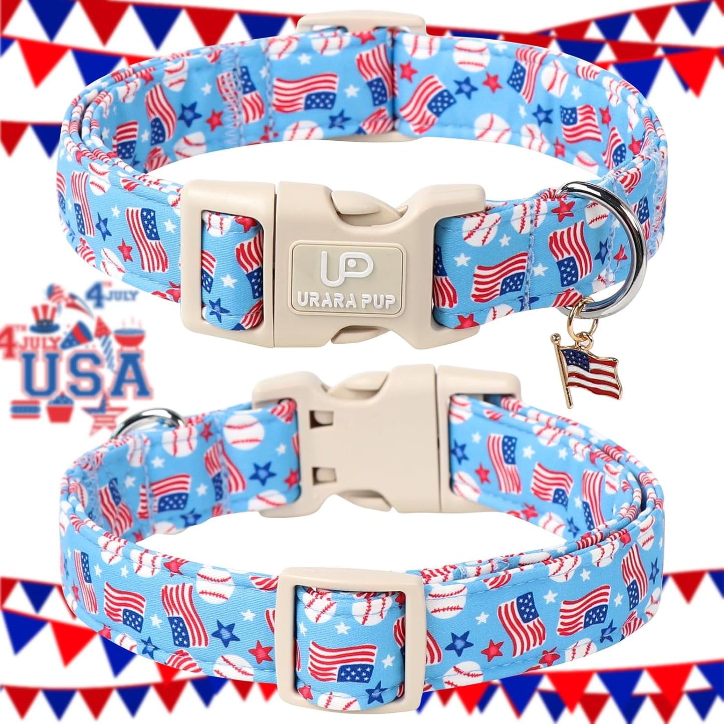4th of July Dog Collar–American Flag Dog Collars,Patriotic Stars & Baseball Pet Collar with Quick Release,Adjustable for Small/Medium Dogs
