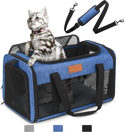 PETUX TSA Approved Pet Carrier in Cabin, 17"x11"x9.5" Soft Cat Carriers for Small Cat up to 12 lb, Top-Open Portable and Breathable Pet Carrier Airline Approved for Travel and Vet Visit, Blue