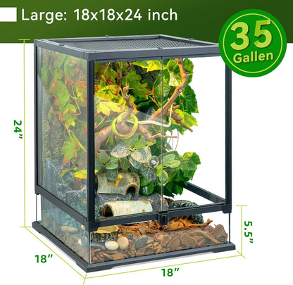 24x18x18'' Glass Reptile Tank Front Opening Terrarium Suitable for Leopard Geckos, Snakes, Tree Frogs, Chameleons,Watertight Base, Ventilated Metal Mesh Top, Pre-Drilled Cable Holes