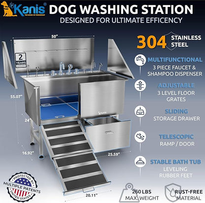 KANIS Professional Dog Washing Station - 304 Stainless Steel Pet Wash Sink & Grooming Bathtub w/Shower, Floor Grates and Storage for Large, Medium & Small Pets (50", 1 Drawer - Left Ramp)