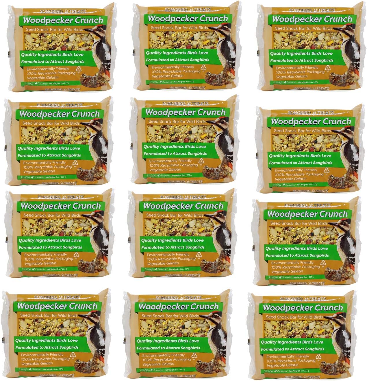 Songbird Treats Seed Bars | 12 Pack of 8 oz Bird Seed Cakes for Wild Birds (Woodpecker Crunch)