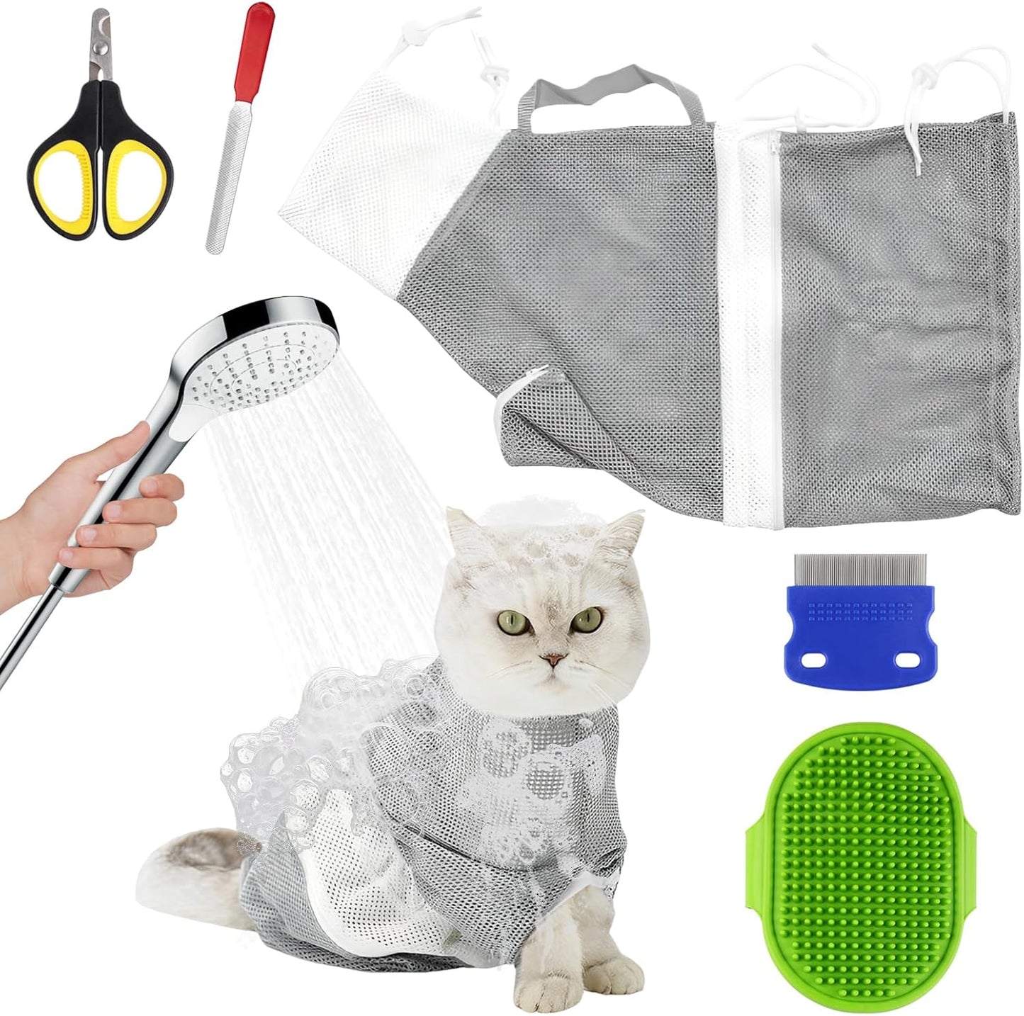 FANOVO Cat Mesh Bathing Bag, Adjustable Cat Bath Bag with Nail Clipper, Bath Brush, Nail File & Comb, Anti-Scratch Shower Bag for Pet Grooming, Bathing & Restraint, Durable Washing Bag for Cats
