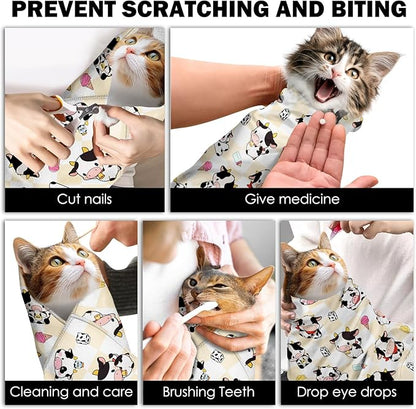27.6" Cat Grooming Wrap, Self Adhesive Cat Wrap for Cutting Nails, Anti-Escape Calming Cat Swaddle Wrap for Medicine Ear Cleaning, Cow Anti-Scratch Cats Burrito Restraint Blanket, Pet Tool (6-10 lbs)