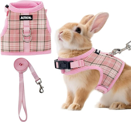 AIITLE Adjustable Bunny Harness & Leash Set - Soft Mesh Liner, Comfort Fit Plaid Pattern Vest with Magic Tape Design, Portable for Small Animal Pets Puppy Cat Rat Squirrel Ferret, Pink L