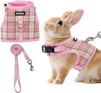 AIITLE Breathable Rabbit Harness and Leash Set - Plaid Pattern Padded Vest with Magic Tape Design, Dual D-Rings, Adjustable for Small Animal Pets, Indoor Outdoor Training Camping, Pink M