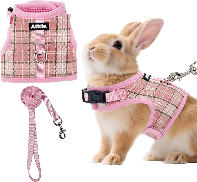 AIITLE Bunny Harness and Leash Set Escape Proof - Magic Tape Design, Lightweight Plaid Pattern Mesh Padding, No Choke No Pull for Puppy Cat Rat Squirrel Ferret, Outdoor Walking Running, Pink S
