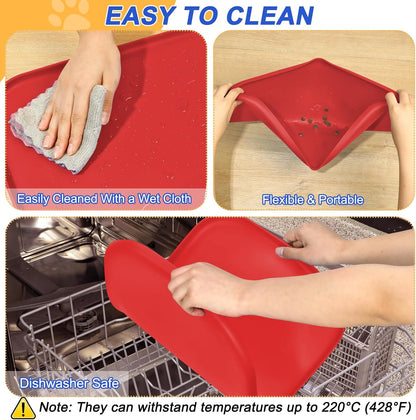 Silicone Pet Feeding Mat with Raised Edge for Food and Water, Dog Bowl Mats, Cat Bowls Placemat with High Lip for Floor Waterproof, Rubber Tray for Cats and Dogs 22 x 14 x0.8 Red