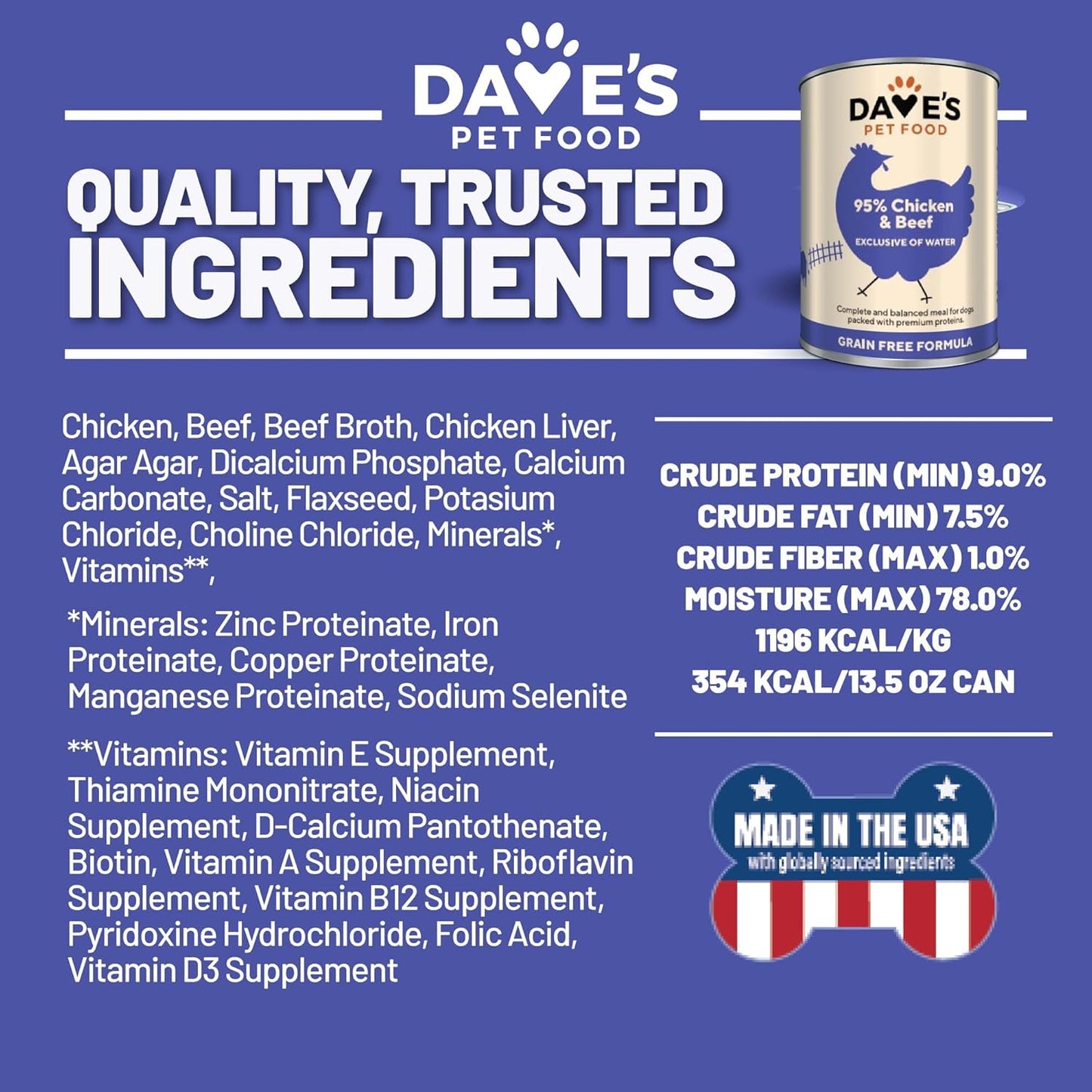 Dave's Pet Food Grain Free Wet Dog Food (95% Chicken & Beef), Made in USA, Limited Ingredients, Added Vitamins & Minerals, 12.5 oz Cans (12 Pack)