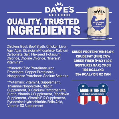 Dave's Pet Food Grain Free Wet Dog Food (95% Chicken & Beef), Made in USA, Limited Ingredients, Added Vitamins & Minerals, 12.5 oz Cans (12 Pack)