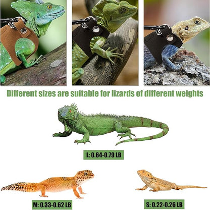 KABASI Bearded Dragon Harness Leash Set, 3 Size Adjustable Lizards Training Walking Leather Vest Escape-Proof Traction Rope for Squirrel and Other Outdoor Small Reptiles (Black)