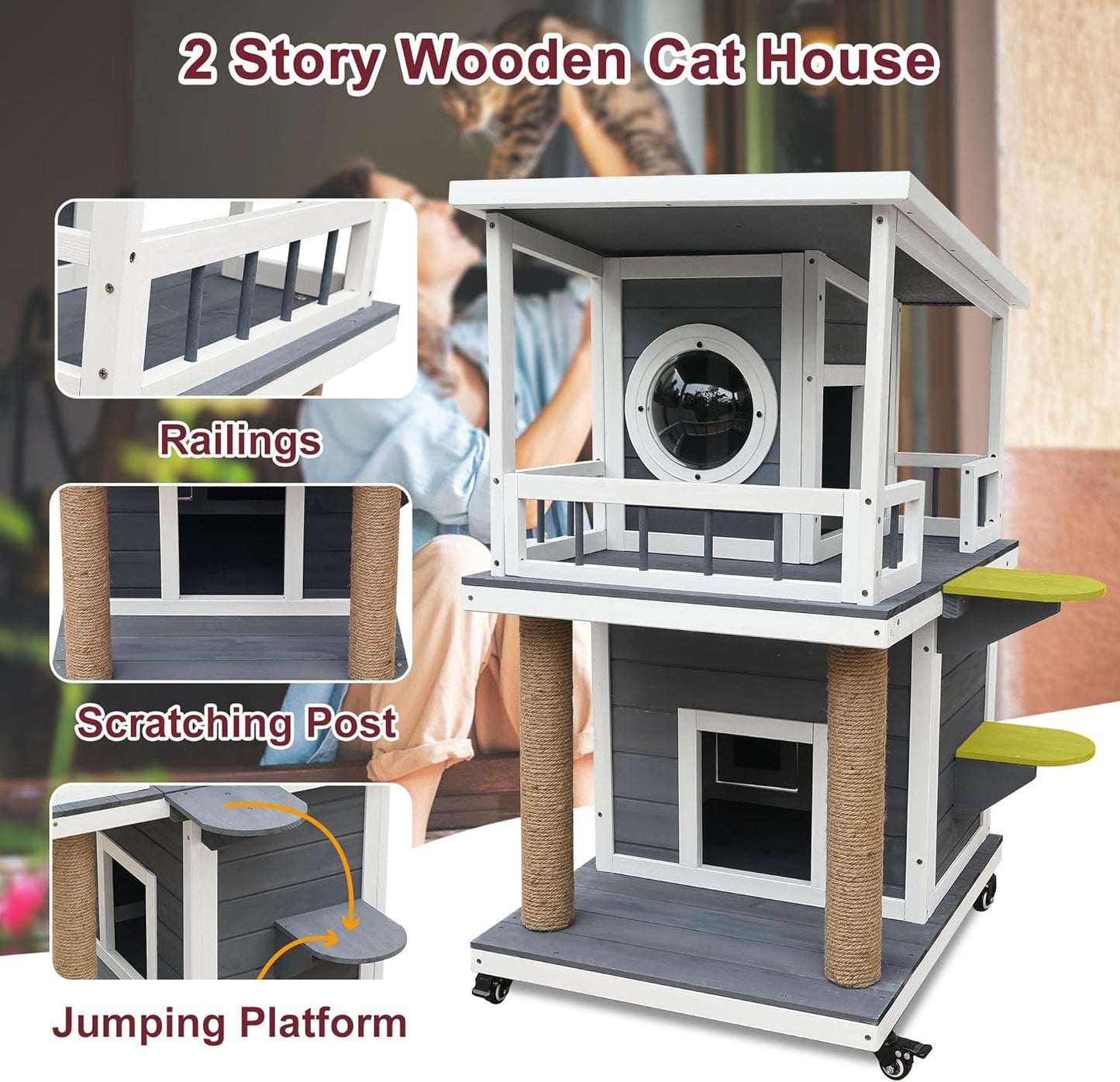 Rockever Outdoor Cat House, 2 Story Outdoor Cat Houses for Feral Cats Wooden Outside Cat Shelter Weatherproof with Escape Door & Cat Scratching Post