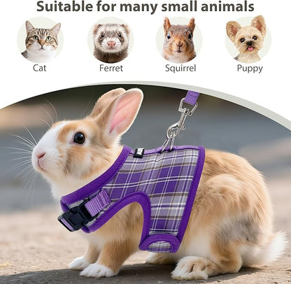 AIITLE Breathable Rabbit Harness and Leash Set - Plaid Pattern Padded Vest with Magic Tape Design, Dual D-Rings, Adjustable for Small Animal Pets, Indoor Outdoor Training Camping, Purple M