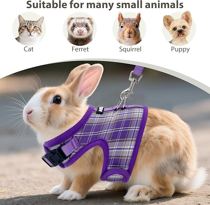 AIITLE Adjustable Bunny Harness & Leash Set - Soft Mesh Liner, Comfort Fit Plaid Pattern Vest with Magic Tape Design, Portable for Small Animal Pets Rat Squirrel Ferret Puppy Cat, Purple L