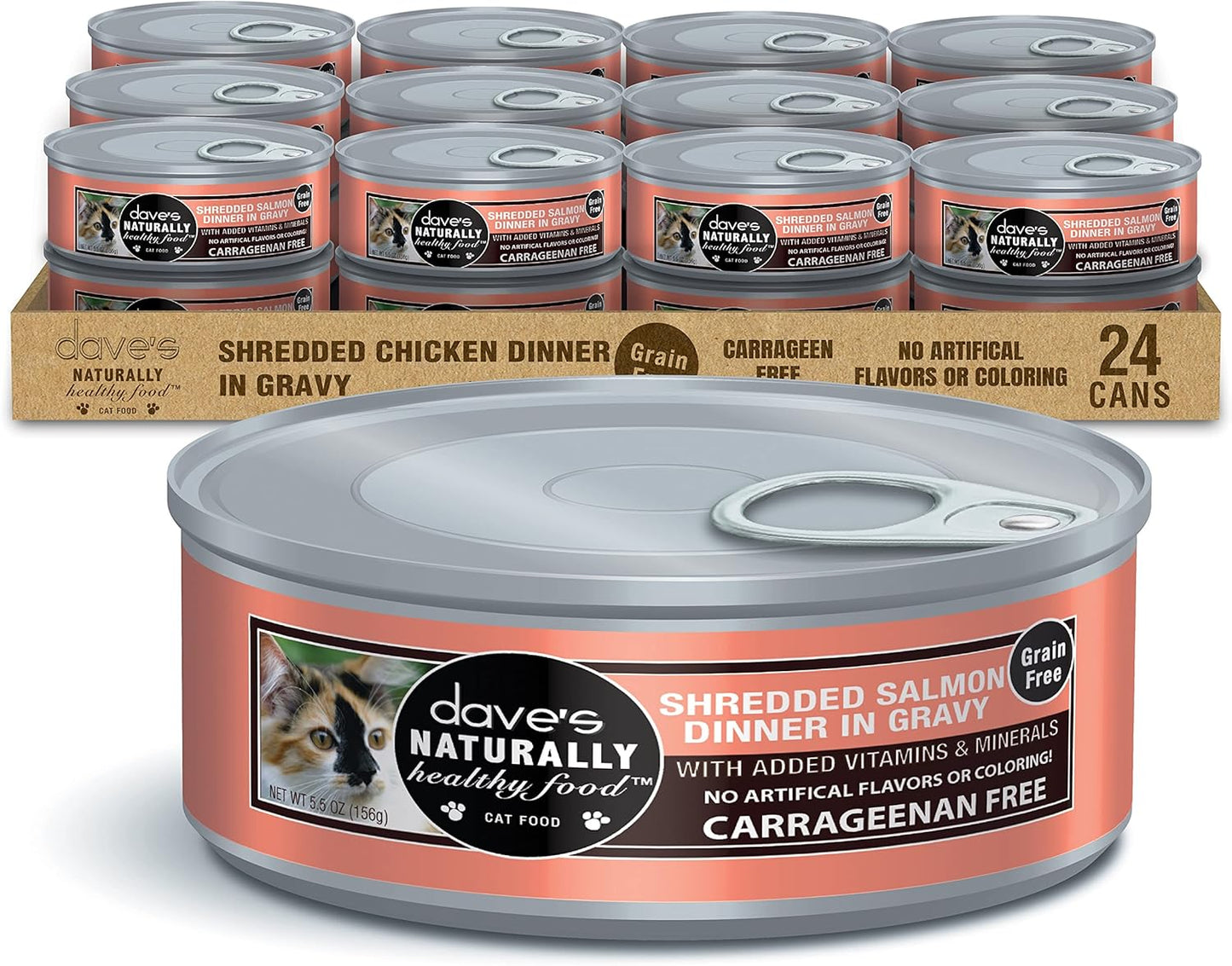 Dave's Pet Food Grain Free Wet Cat Food (Shredded Salmon in Gravy), Made in Canada Naturally Healthy Canned Cat Food, Added Vitamins & Minerals, Wheat, GMO & Gluten-Free, 5.5 oz (24 Pack)