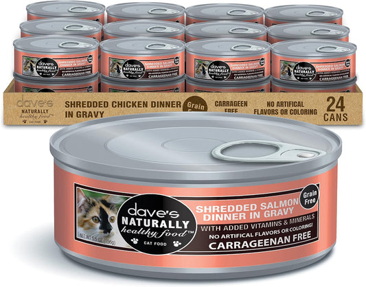 Dave's Pet Food Grain Free Wet Cat Food (Shredded Salmon in Gravy), Made in Canada Naturally Healthy Canned Cat Food, Added Vitamins & Minerals, Wheat, GMO & Gluten-Free, 5.5 oz (24 Pack)