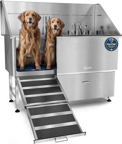 KANIS Professional Dog Washing Station - 304 Stainless Steel Pet Wash Sink & Grooming Bathtub w/Shower, Floor Grates and Storage for Large, Medium & Small Pets (61", 1 Drawer - Left Ramp)