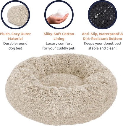 Donut Dog Bed - Premium Comfort for Anxiety Relief - Fluffy & Calming Design with Ultra-Plush Support | Cozy Round Dog Bed with Super Soft Circle Style (Size L Beige)