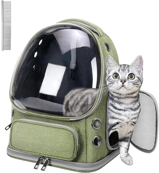 Cat Carrier with Groomer, Breathable Cat Bubble Carrier for Cats or Small Dogs up to 20 lbs, Collapsible Airline Approved, Clear Cat Travel Backpack (Green)