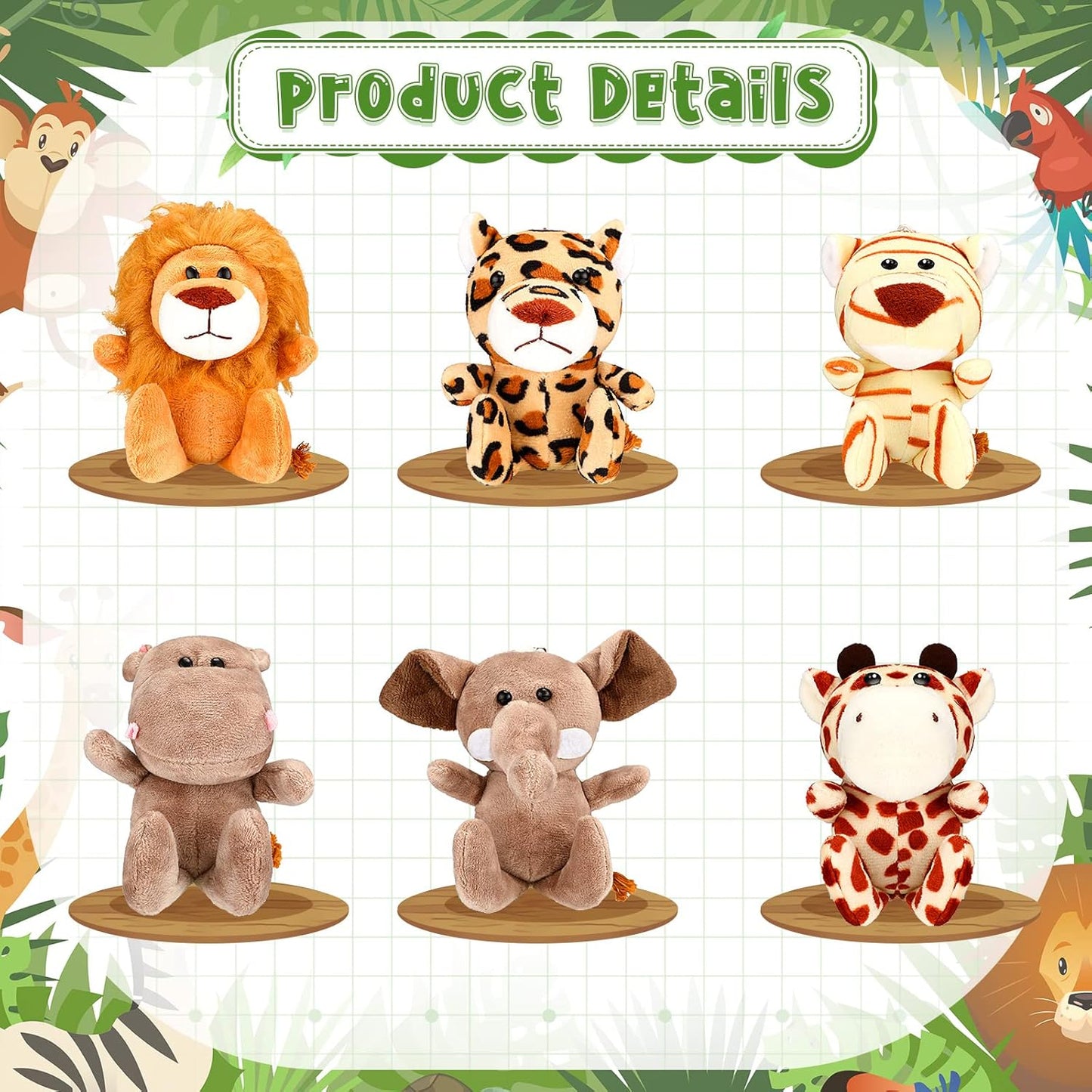 HyDren 18 Pcs Small Safari Stuffed Animals Bulk 4.8 Inch Jungle Animal Mini Plush Toy Lion Tiger Elephant Giraffe Leopard Monkey Figures for Summer, Baby Shower, Birthday Party(Cute Style)