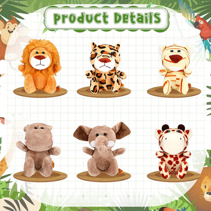 HyDren 18 Pcs Small Safari Stuffed Animals Bulk 4.8 Inch Jungle Animal Mini Plush Toy Lion Tiger Elephant Giraffe Leopard Monkey Figures for Summer, Baby Shower, Birthday Party(Cute Style)