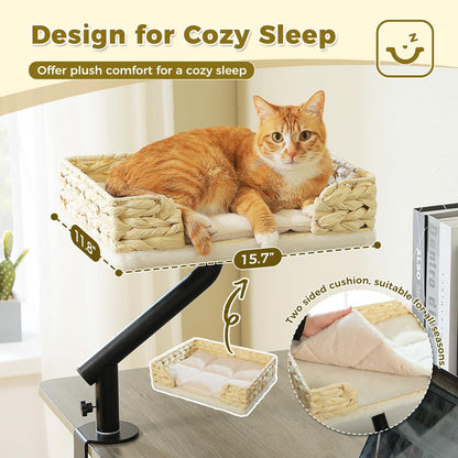 PAWZ Road Cat Desk Bed for Indoor Cats, Wicker Cat Bed for Desk Supports Up to 50 lbs, 360° Rotation & Adjustable Soft Plush Cats Hammock for Desktop, White